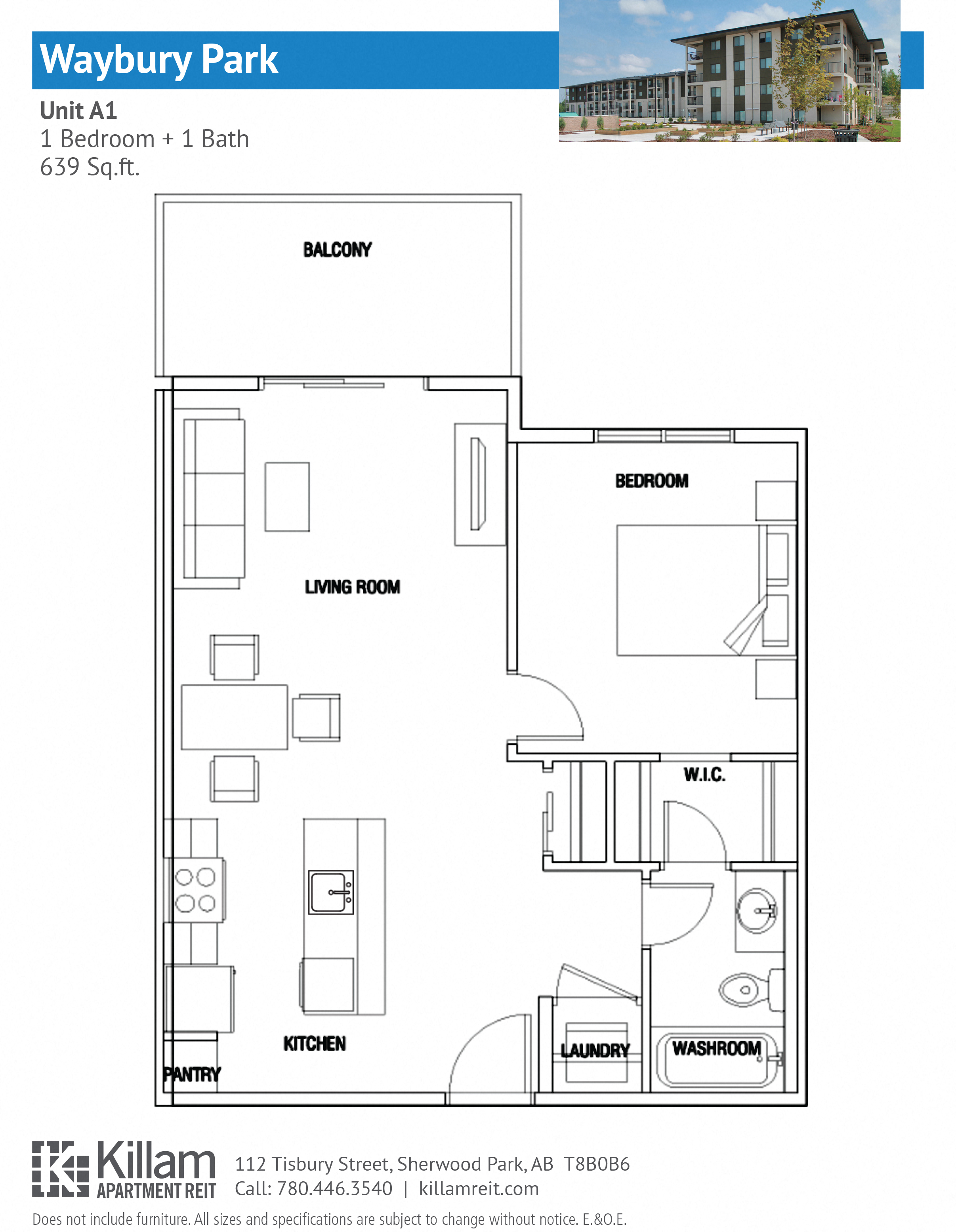 Floor plan for 1 bed, 1 bath, 669 sqft